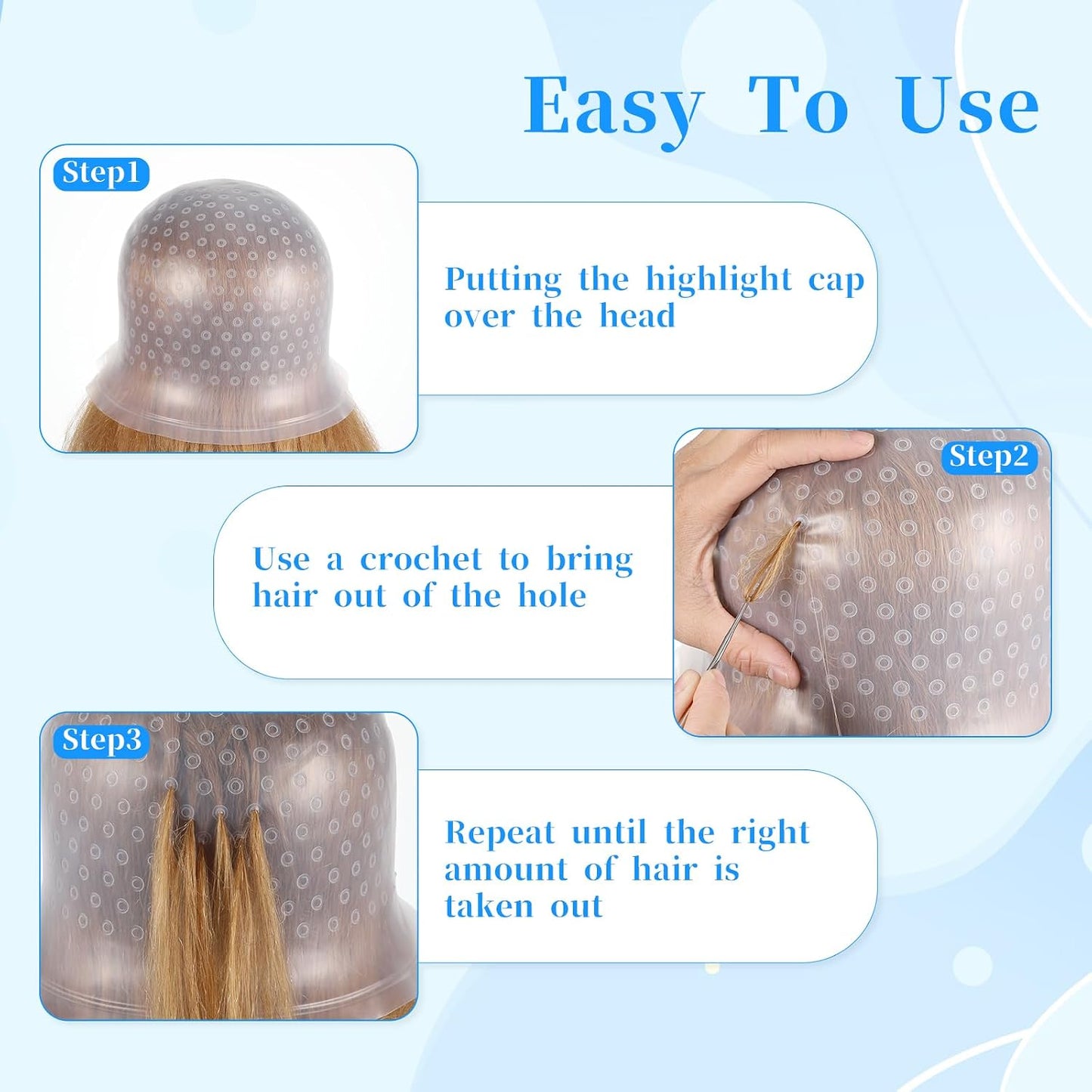 Jeffdad Professional Silicone Highlight Cap, Reusable Hair Coloring Highlighting Cap with 3 Brushes and 1 Needle for Color Hair Salon Hairdressing Women Men(White)
