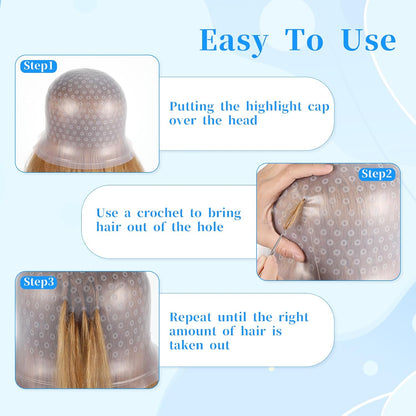 Jeffdad Professional Silicone Highlight Cap, Reusable Hair Coloring Highlighting Cap with 3 Brushes and 1 Needle for Color Hair Salon Hairdressing Women Men(White)