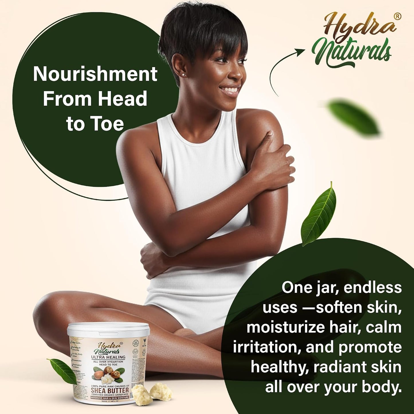 Hydra Naturals Unrefined Shea Butter 500g – 100% Pure, Raw, Organic, Cold Pressed – Natural Moisturiser for Hair, Smooth Skin, Face &amp; Body – DIY Beauty, Dry Scalp, Anti-Aging Care
