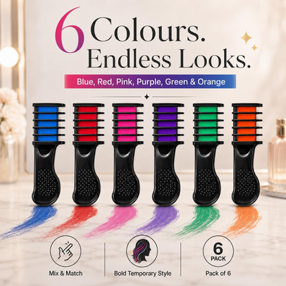 6PK Hair Colour Combs - Instant Temporary Hair Colour Brushes for Wet &amp; Dry Hair - Perfect for Festivals, Parties, Weddings (PACK OF 6)