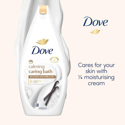 Dove Calming Caring Bath Bath Soak with ¼ moisturising cream, shea butter &amp; warm vanilla for an indulgent bubble bath 450 ml