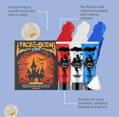 3PCS Blue White Red Face Body Paint Kit,Water Based Face Painting for Halloween SFX Makeup,Full-coverage Body Paint with sponges for Joker Clown Devil Spider-man Halloween Costume Cosplay