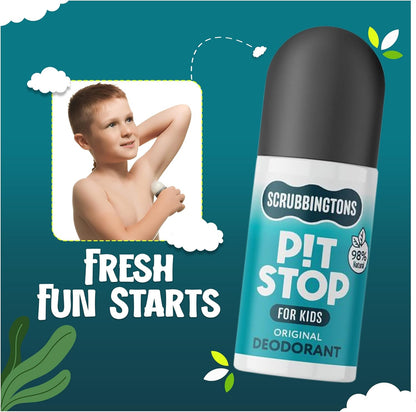 Scrubbingtons Pit Stop Kids Deodorant Natural Roll On For Children, Teens. Made in UK, 98% Natural Ingredients For Sensitive Skin. Paediatrician approved, Aluminium &amp; Alcohol Free, Original, 75ml