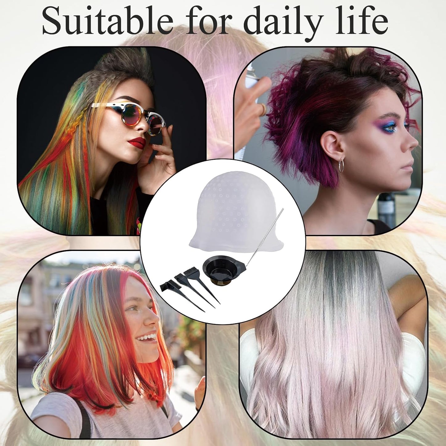 6 Pcs Silicone Highlight Cap Kit Highlight Caps with Coloring Hair Hook Hair Dye Cap Kit highlight cap and hook kit with Hair Coloring Brushes and Needle highlighting cap highlighting kit