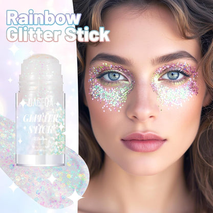 Prreal Rainbow White Body Glitter Stick,Sparkly Hair Face Glitter Makeup for Women Rave Outfit Accessories,Holographic Mermaid Glitters Face Paint Stick for Women Halloween Makeup 1.12 oz, #01