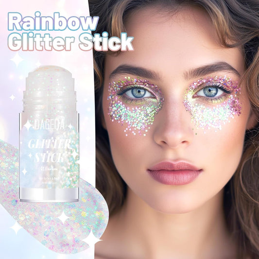 Prreal Rainbow White Body Glitter Stick,Sparkly Hair Face Glitter Makeup for Women Rave Outfit Accessories,Holographic Mermaid Glitters Face Paint Stick for Women Halloween Makeup 1.12 oz, #01