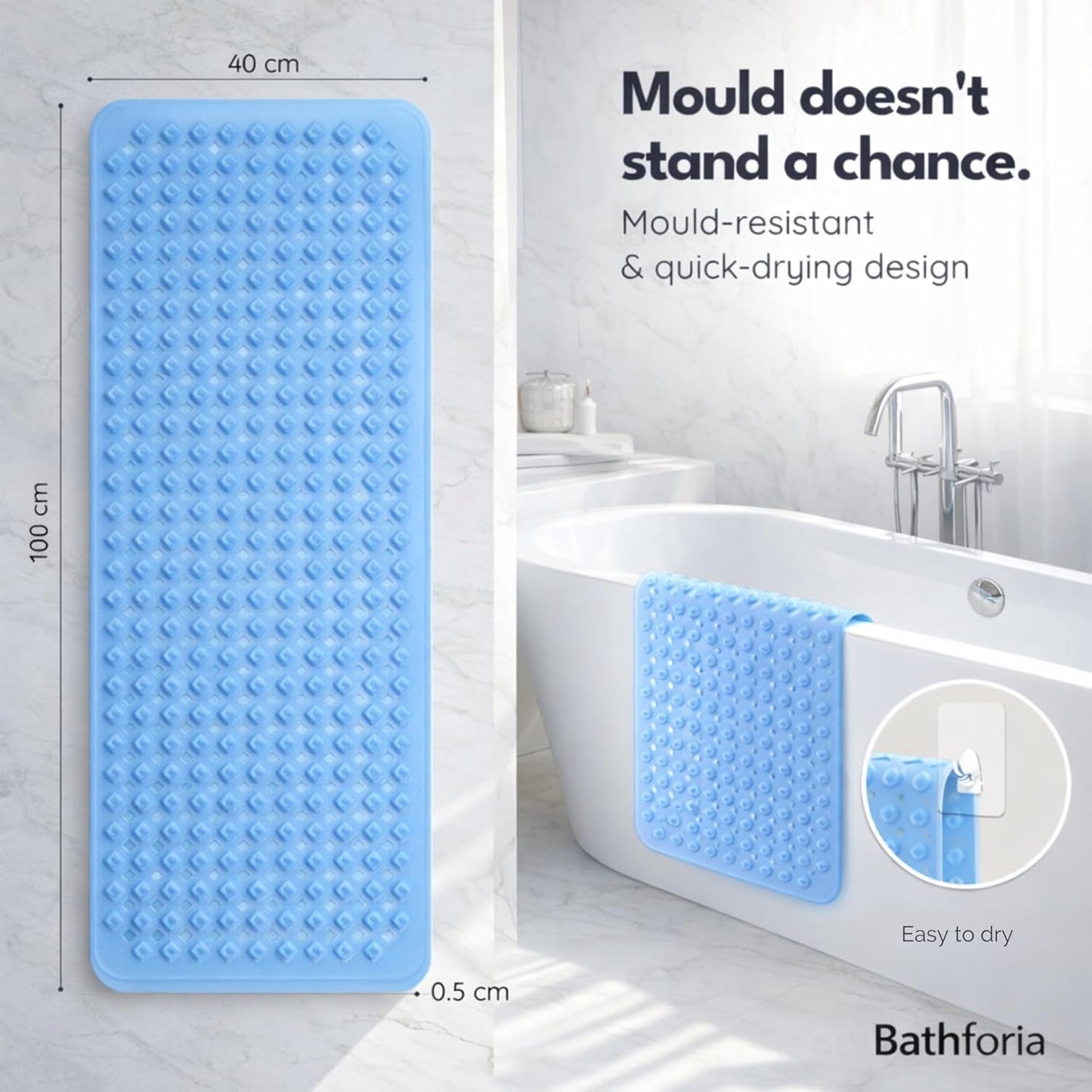 Non Slip Bath Mat - Extra Long Non-Slip Anti Mould Shower Mat - Machine Washable Anti Slip Bathroom Floor Mats with Strong Rubber Suction Cup Grip - Blue 100 x 40 x 0.5 cm