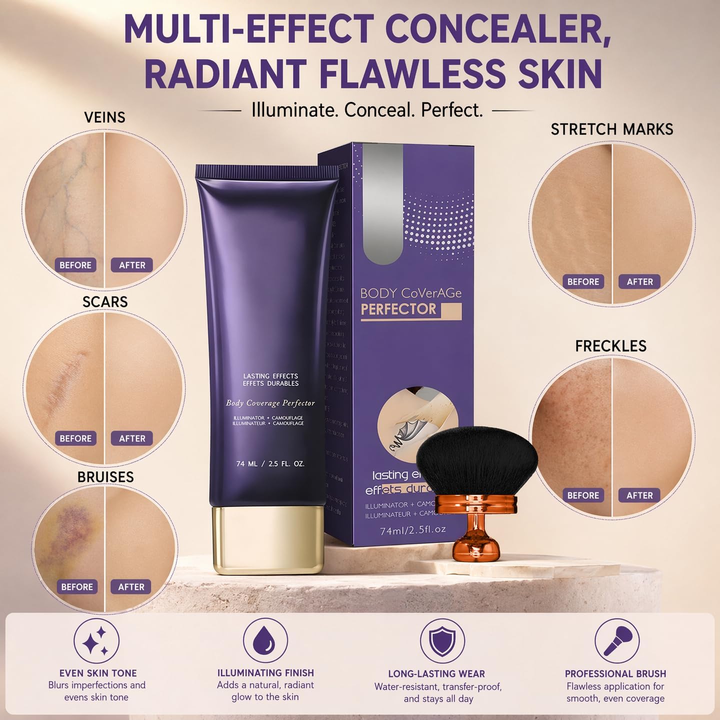 Body Coverage Perfector Waterproof, Leg Makeup Waterproof No Transfer, Tattoo Cover Up Full Coverage Concealer, Body Makeup Skin Tone Repair Cream with Brush, Body Concealer Long Lasting Mature Skin