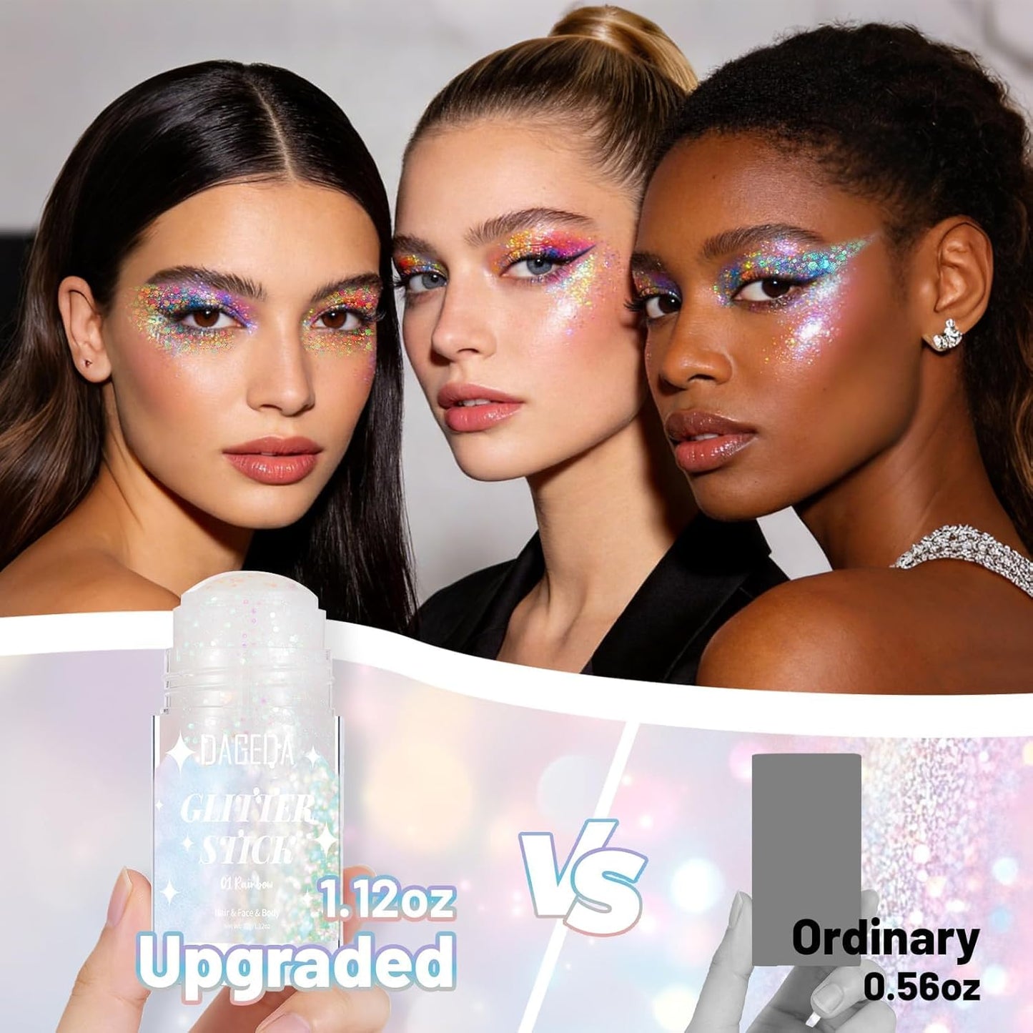 Prreal Rainbow White Body Glitter Stick,Sparkly Hair Face Glitter Makeup for Women Rave Outfit Accessories,Holographic Mermaid Glitters Face Paint Stick for Women Halloween Makeup 1.12 oz, #01