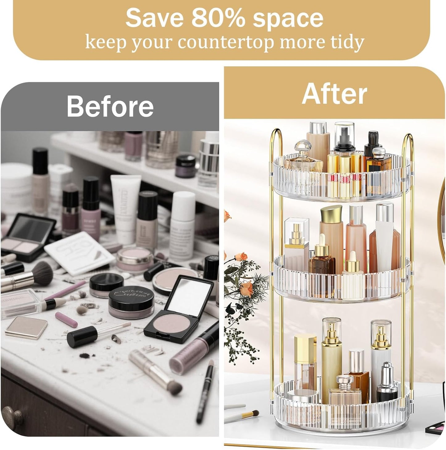 MOKANI 360 Rotating Makeup Organiser, 3 Tiers Spinning Skincare Organiser, Multi-Function Make Up Storage, Large Capacity Cosmetic Perfume Stand for Vanity, Bathroom and Bedroom