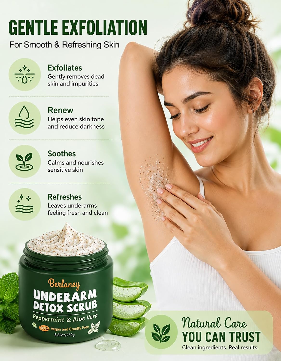 Body Scrub and Armpit Detox Scrub 8.8 oz with Peppermint, Aloe Vera and Walnut Shell Powder, Underarm Scrub Helps on Removing Odor, Deep Cleanse &amp; Exfoliating, for Legs, Knee, Feet, Hands Whole Body