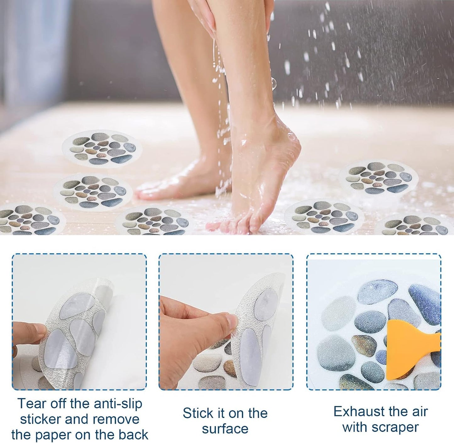 10Pcs Non-Slip Bathtub Stickers Bath Stickers with Plastic Scraper | Non Slip Shower Stickers Bathtub Decoration Sticker Stone Pattern Decoration Bath Safety Sticker Shower Grip Sticker for Bath