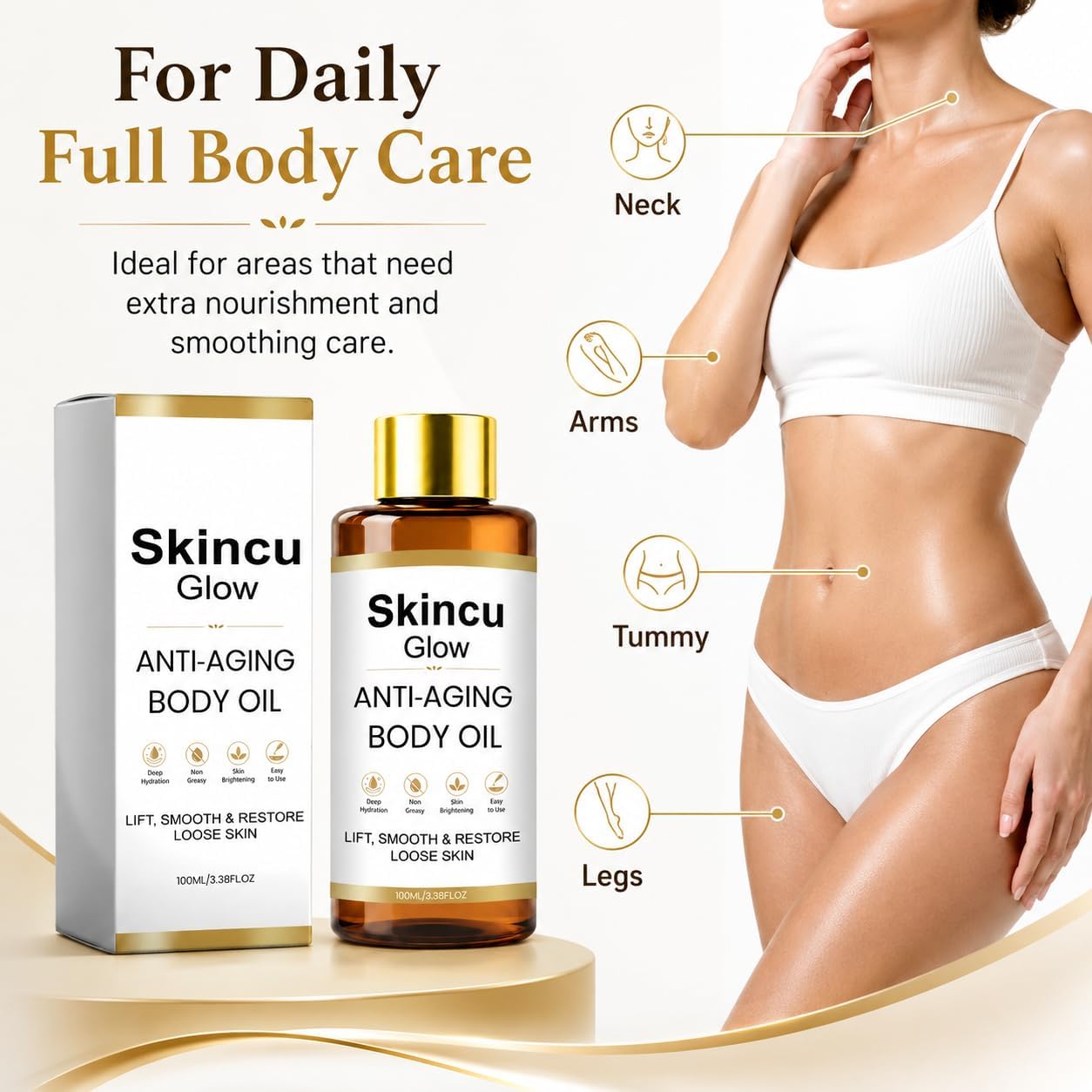 Skincu Anti Aging Body Oil, Skincu Glow Remedy Oil Skin Tightening Plant-Based Firming &amp; Moisturising Oil, Lightweight Non-greasy Formula for Smooth Glowing Skin, 100ml