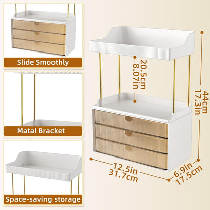 Makeup Organiser - Upgrade 2 Tier 3 Drawers Large Vanity Organisers, Versatile Cosmetic Storage, Exquisite Bathroom &amp; Skincare, Dressing Table Organiser, Amber