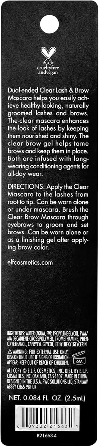 e.l.f. Clear Brow &amp; Lash Mascara, Glossy, Shiny, Lightweight, Easy To Use, Conditions Hairs, Gives Brows Soft Flexible Hold, Compact, All-Day Wear 2.5ml, crystal (clear)
