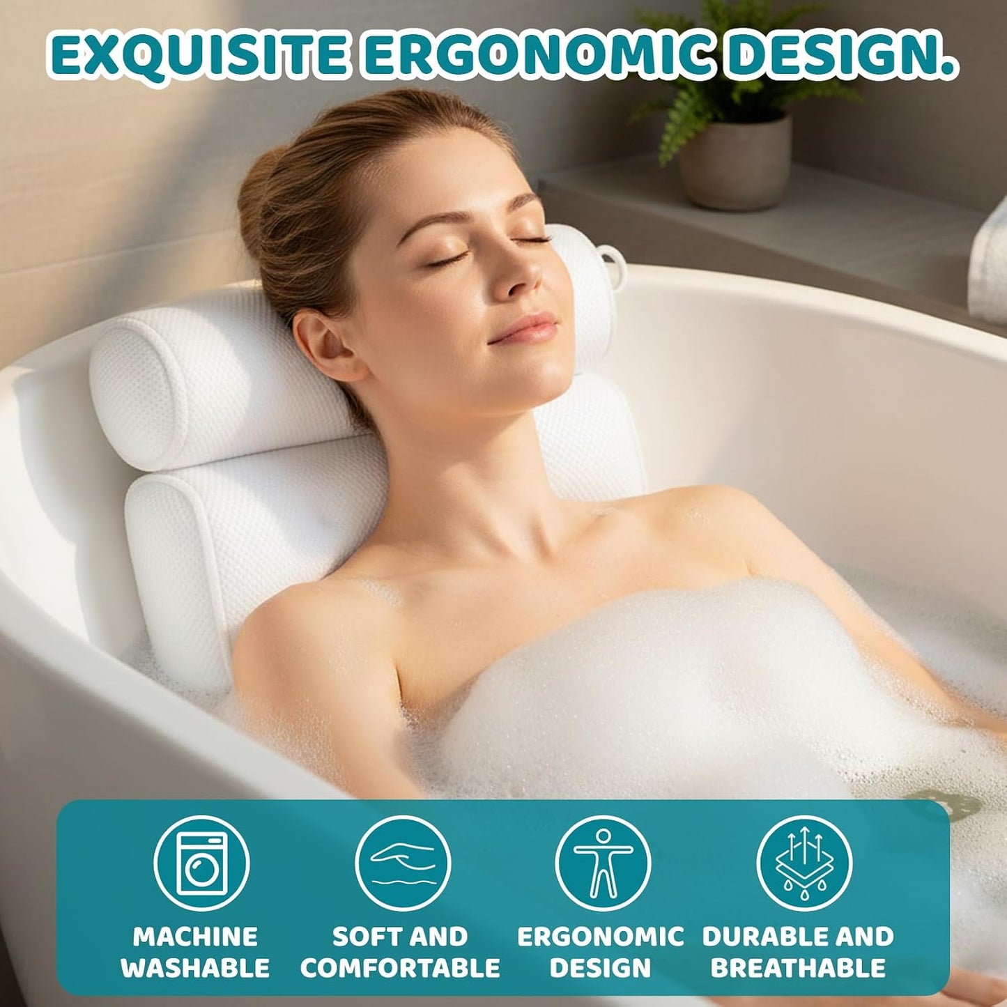 Bath Pillows for Head and Neck, Waterproof Bath Cushion with 6 Suction Cups, Soft Bathtub Pillow for Relaxing Bath, Fits Most Bathtubs (33x30x8.5 cm)