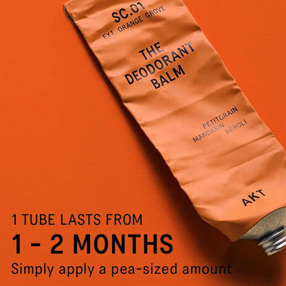 AKT, THE DEODORANT BALM. Award winning, multi-use, natural deodorant. Plastic Free. Gender Free. Aluminium Free. 100% effective — 1 tube lasts up to 3 months. SC.01 ORANGE GROVE. 50ml