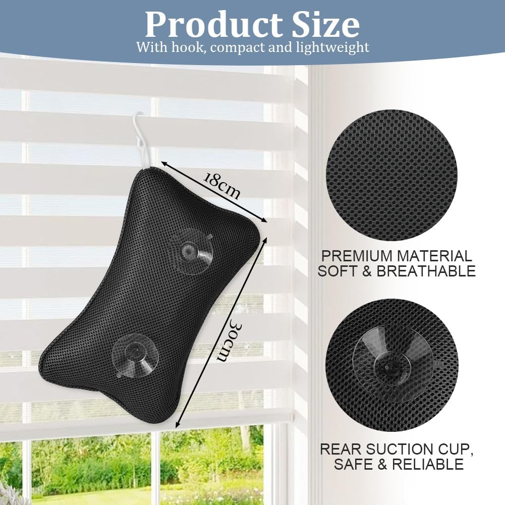 Flintronic Bath Pillow, Luxury Bath Bathtub Pillow for Head, Neck, Shoulder and Back Support, Ergonomic Breathable Mesh SPA Tub Pillow, Fits all Bathtub (Black)