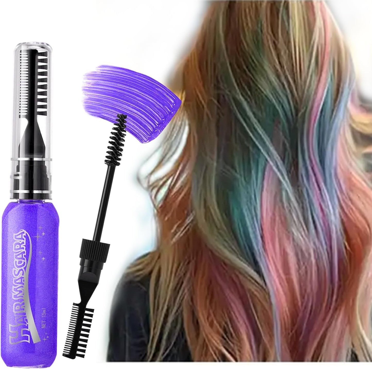 Purple Hair Mascara with Comb Wand for Vibrant Colour - Washable Temporary Hair Chalk for Kids and Girls, DIY Party Styling, Easy Water Removal, 15ml Tube, Quick-Dry Makeup, Fun Festive Styling