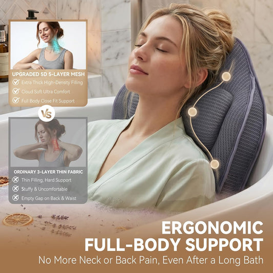 Poemland Bath Pillow for Tub, Extra Thick Full Body Bath Cushion with Head &amp; Neck Support, 5D Mesh Breathable Spa Pillow, 144 Non-Slip Suction Cups, Quick Dry for Home Spa Relaxation, White