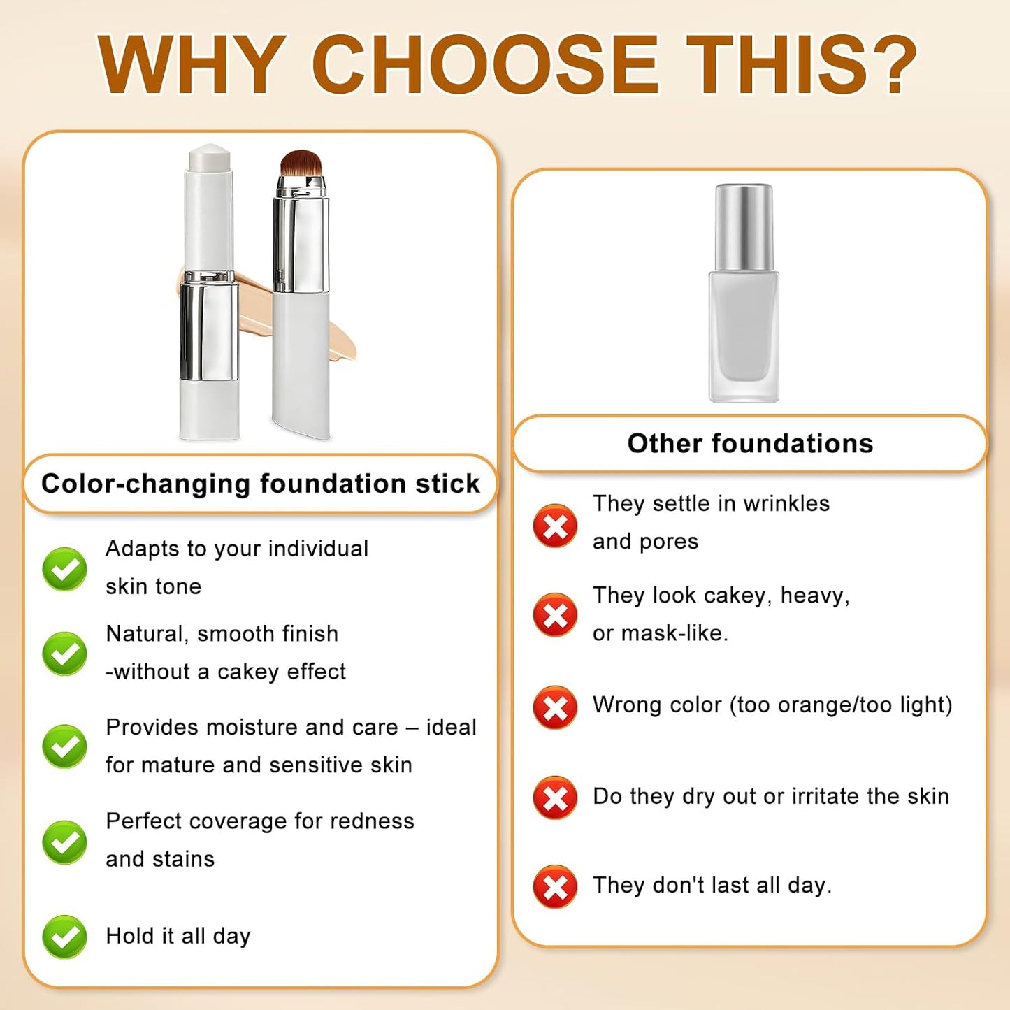 Faccelove Foundation Stick with Brush, Colour Changing Foundation Stick with SPF 15, Automatic Colour Adjustment, 2-in-1 Makeup Stick for Natural Rays, Long Lasting for All Skin Types