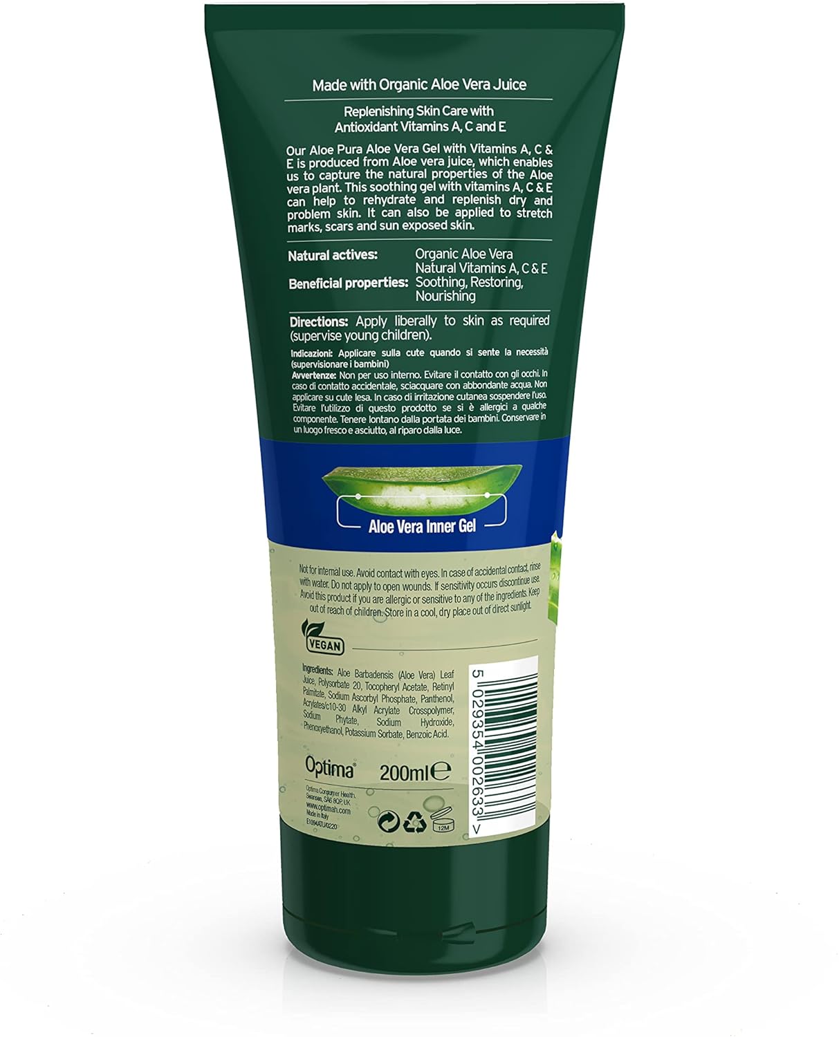 Aloe Pura, Organic Aloe Vera Gel with Vitamin's A, C and E, Natural, Vegan, Cruelty Free, Paraben and SLS Free, Soothing, Restoring, 200 ml