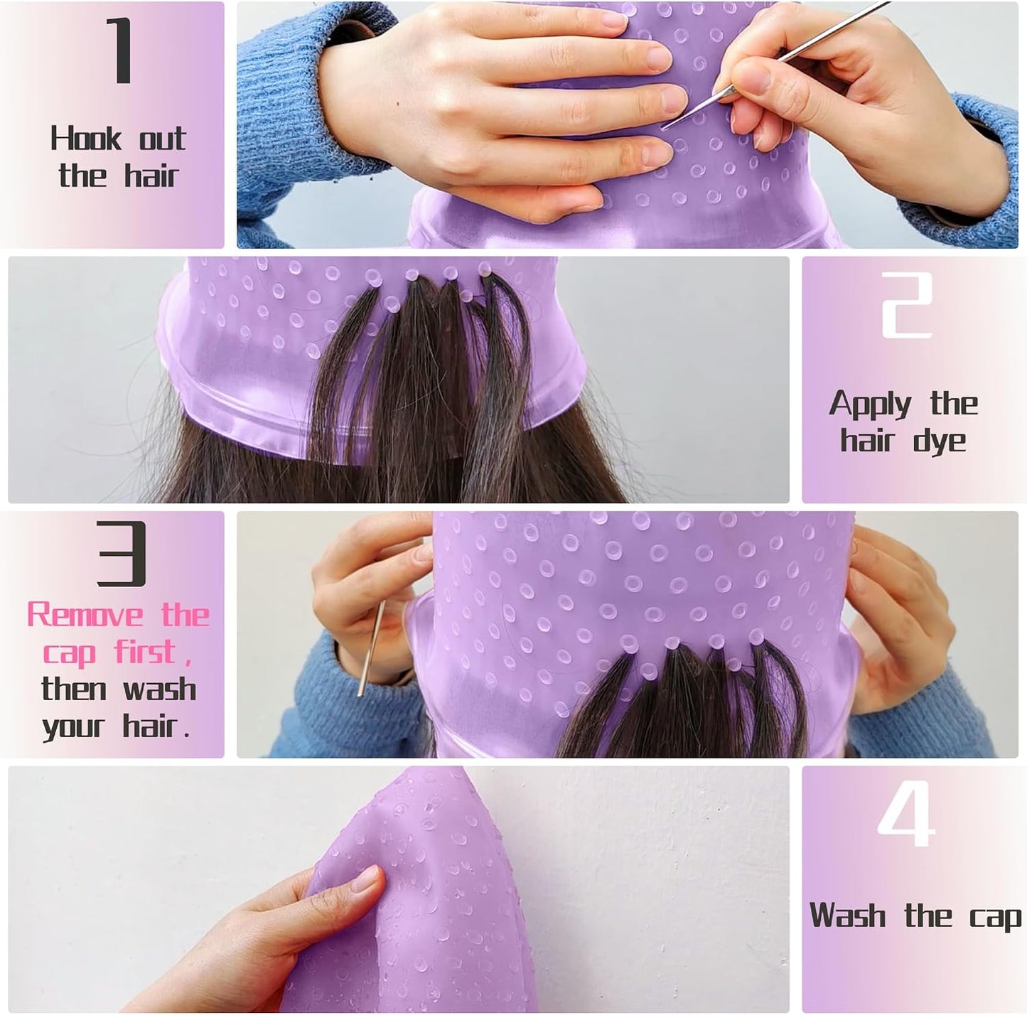 Punched Hole Silicone Highlight Hair Cap with Needle and Hair Coloring Brush, Highlighting Streaking Cap, Highlight Cap, Professional Salon Hairdressing Dyeing Staining Tools for Women Men