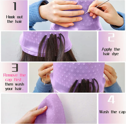 Punched Hole Silicone Highlight Hair Cap with Needle and Hair Coloring Brush, Highlighting Streaking Cap, Highlight Cap, Professional Salon Hairdressing Dyeing Staining Tools for Women Men