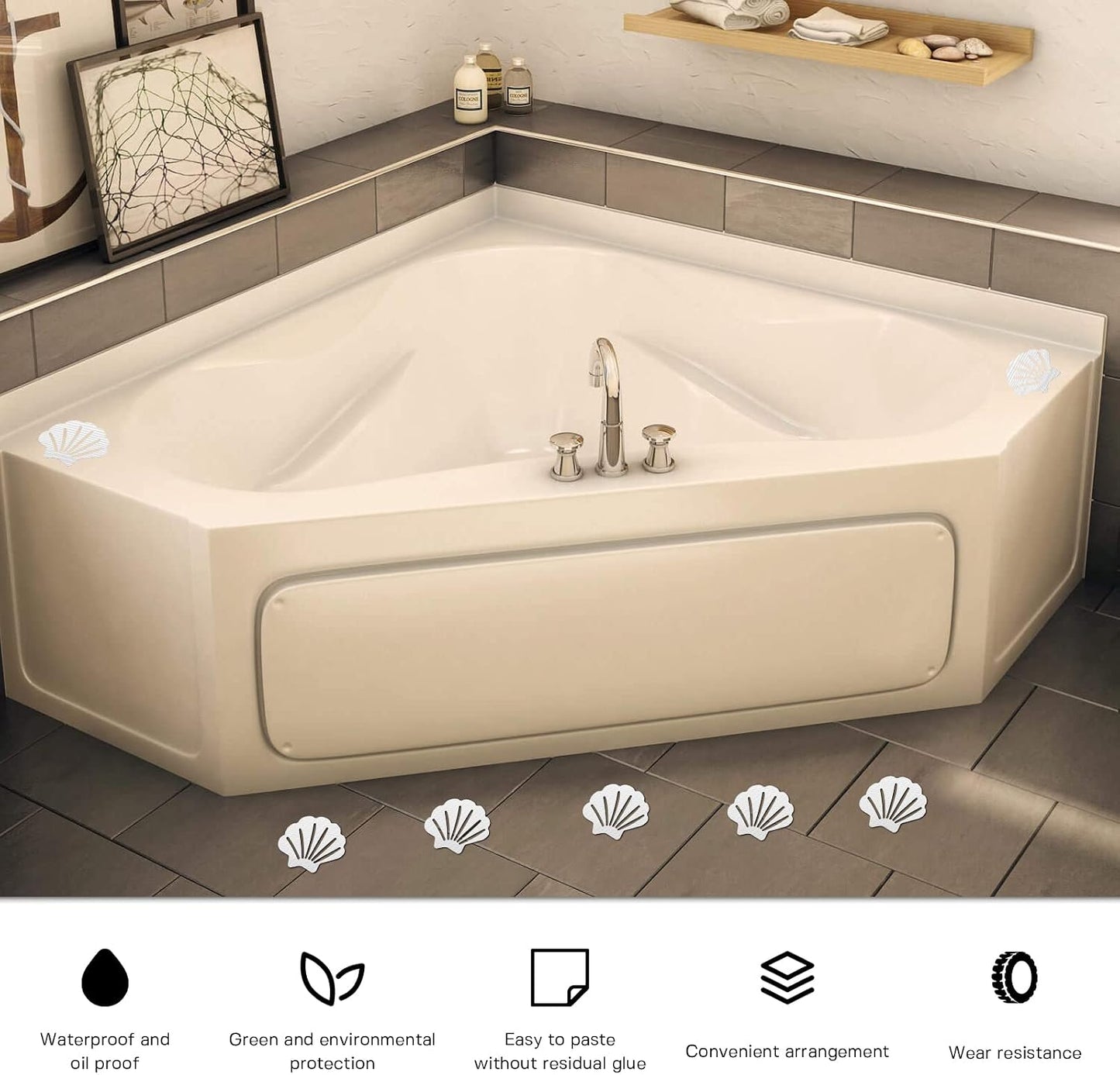 Skyzone Non-Slip Bath Stickers, 20 Piece Bath Mat Non Slip Shower Stickers, White And Non-Abrasive Textured Baby Bath Stickers For Bathroom Toilets Kitchen Pool Surfaces (Shell Shaped)