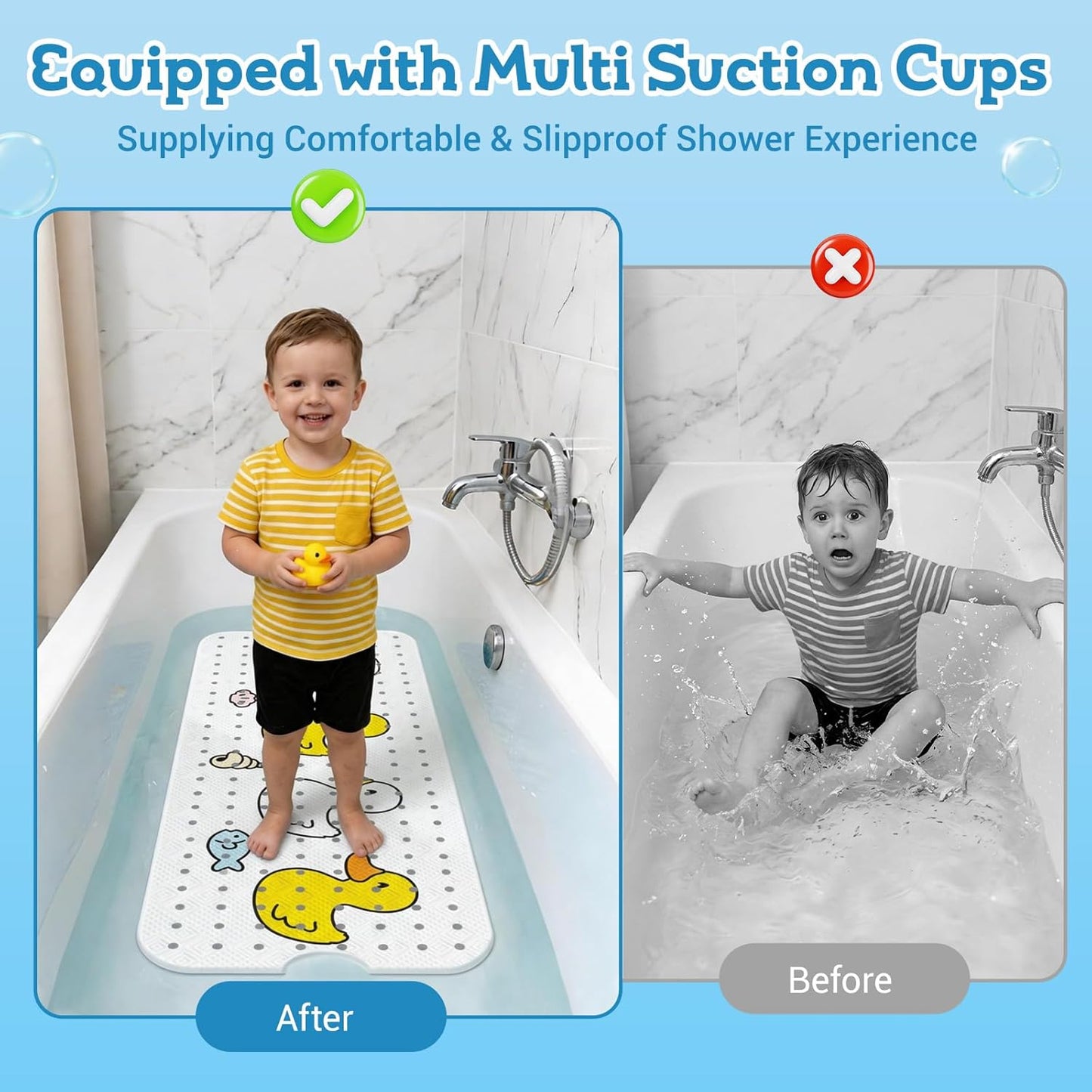 Baby Bath Mat Non Slip Anti Mould, 100x40cm Extra Large Anti Slip Shower Mat for Inside Shower, Quick Drying Bathroom Mat with Strong Suction Cups, Bathtub, Shower Floor, Wet Room (Duck)
