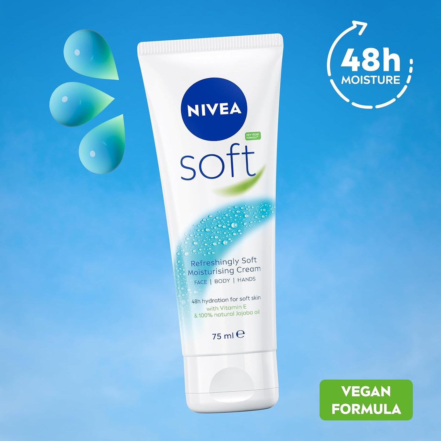 NIVEA Soft Moisturising Cream (75ml), 48H Moisturising Cream for Face, Body and Hands with Vitamin E and Jojoba Oil, Hand Lotion Moisturises Deeply, Vegan Formula Day Moisturiser