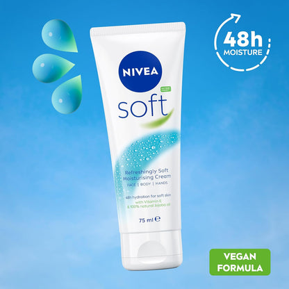NIVEA Soft Moisturising Cream (75ml), 48H Moisturising Cream for Face, Body and Hands with Vitamin E and Jojoba Oil, Hand Lotion Moisturises Deeply, Vegan Formula Day Moisturiser