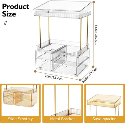 Makeup Organiser - Upgraded Transparent Perfume Organiser with 2 Shelves &amp; 4 Drawer, Make up Storage Non-Slip Design, Skincare Drawer Organisers for Bathroom/Bedroom/Kitchen/Vanity, Clear
