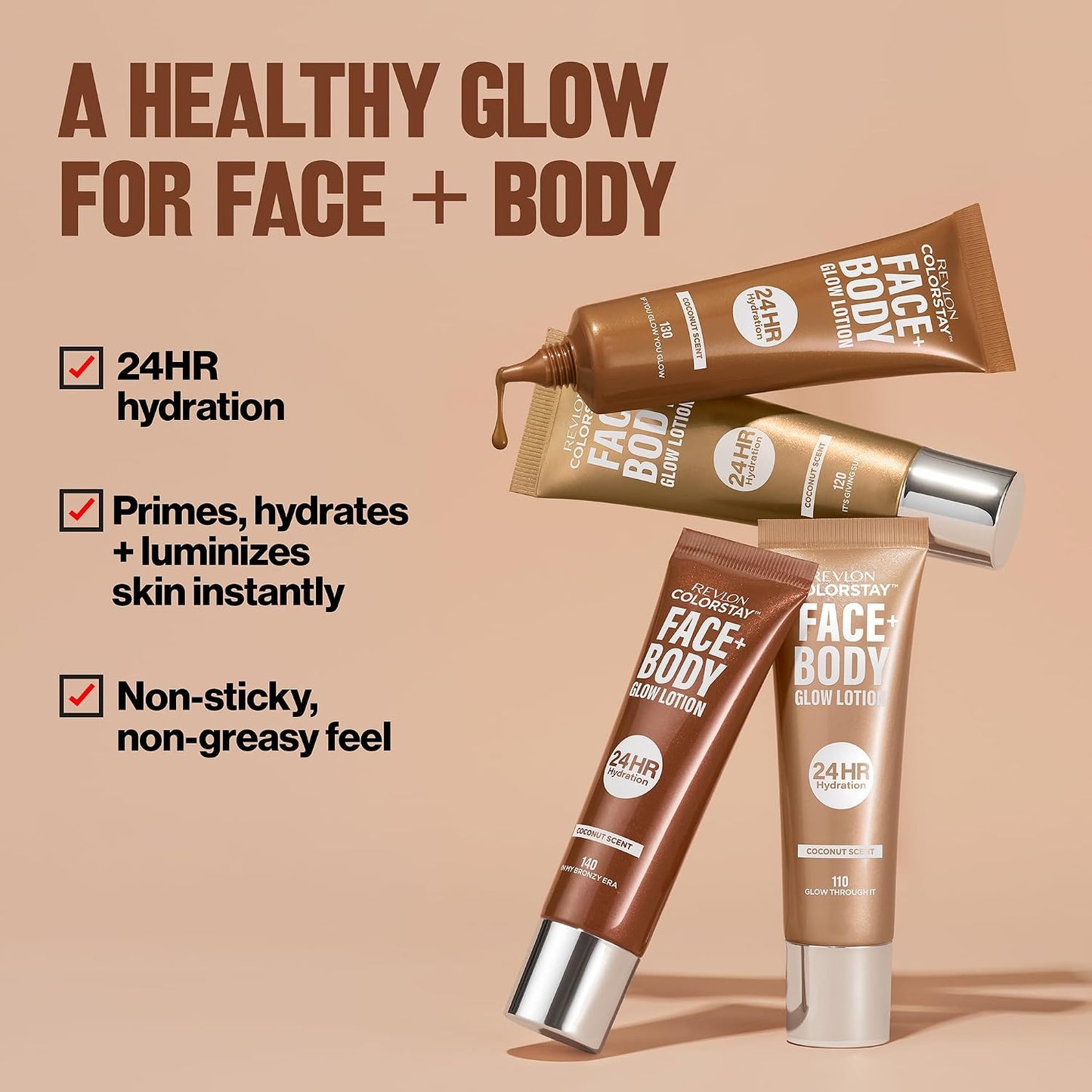 Revlon ColorStay Face &amp; Body Glow Lotion – Hydrating Bronzer with Coconut Scent, Radiant Luminising Finish, 24-Hour Hydration, Glow Through It