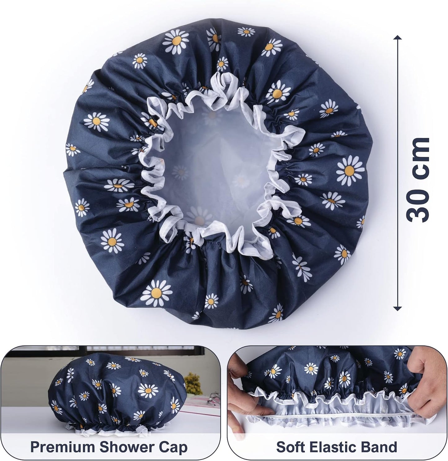 SARG Premium Double Layer Shower Cap for Women with Unique Flower Design- Reusable Shower Cap for Hair - Waterproof Plastic Cap - Shower Caps for Long, Short and Curly Hairs