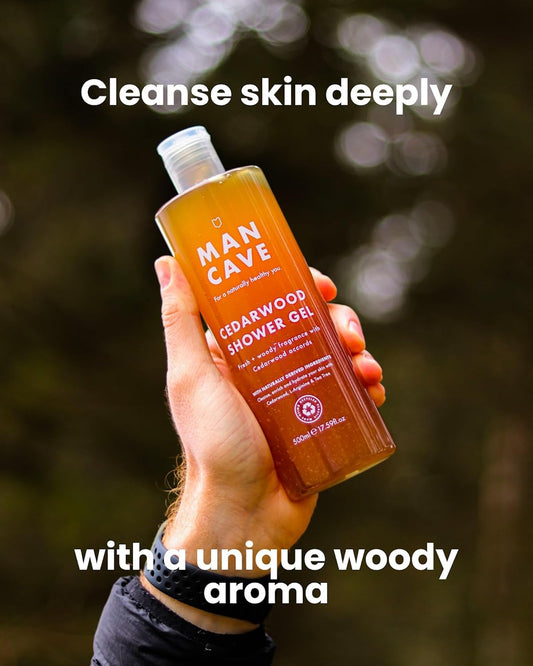 ManCave Cedarwood Mens Shower Gel, 500 ml, Body Wash, Natural Ingredients, Vegan, Eco-Conscious and Cruelty-Free, Fresh Woody Shower Gel for Men with Eucalyptus, Pine Needle, Body Wash for Men