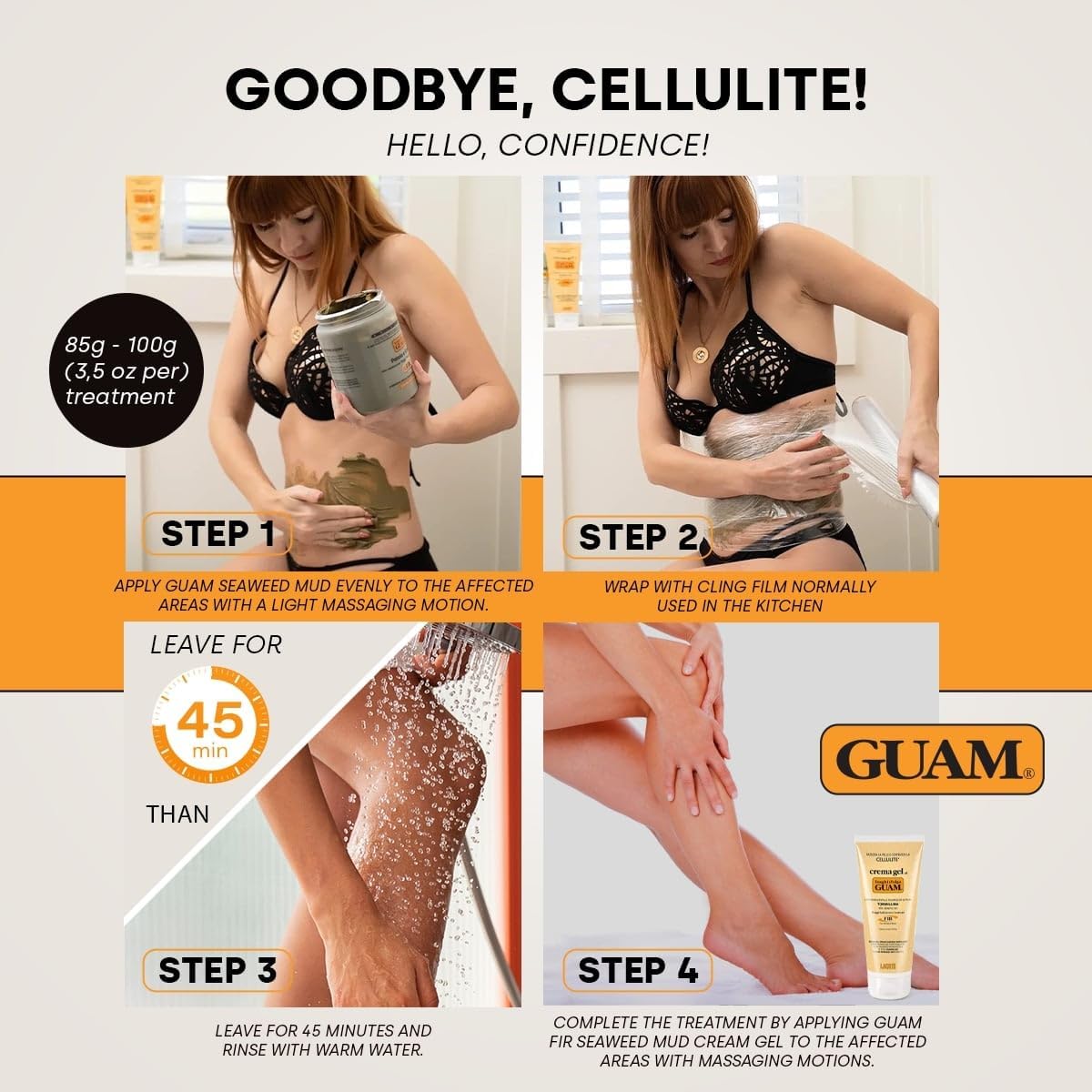 GUAM FIR Anti Cellulite Seaweed Hot Body Mud 1kg, Warming Body Wrap Treatment with Tourmaline &amp; Ivy Extract for Tummy, Waist, Hips &amp; Thighs, Firming Body Care for Smoother-Looking Skin Tone