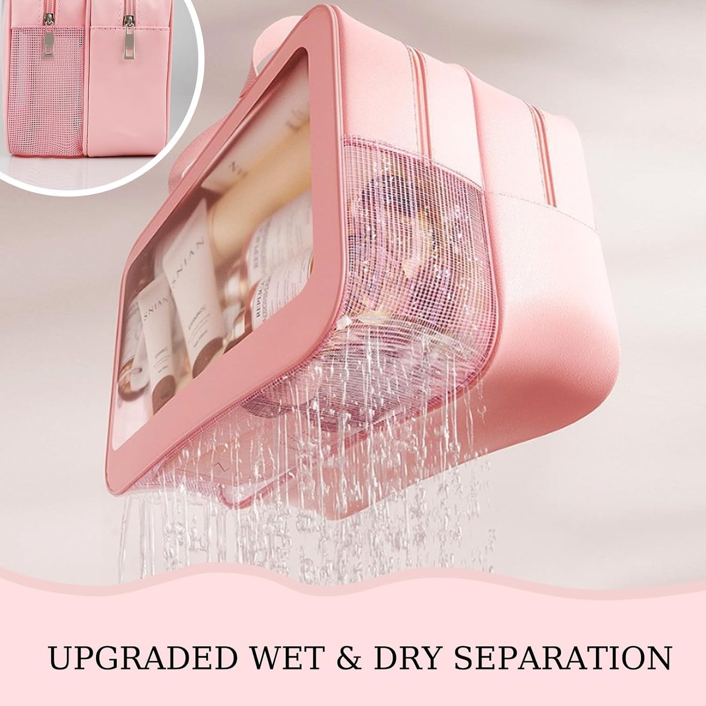 Clear Toiletry Bag, Wet Dry Separation PVC Makeup Cosmetic Bag, Large Capacity PVC Wash Bags with Handles for Women Girls Pink