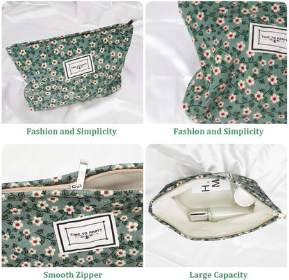 Aucuu Cosmetic Bags for Women, Small Floral Canvas Cosmetic Bag, Rose Flower Printing Corduroy Toiletry Bag, Multifunctional Travel Makeup Bag with Metal Zipper for Women Girls Gift - Green Flower
