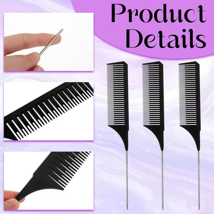 3Pcs Highlighting Comb Professional Hair Dye Combs 3 Sizes Highlight Comb Weaving Combs with Long Stainless Steel Rat Tail for Home and Salon(Black)