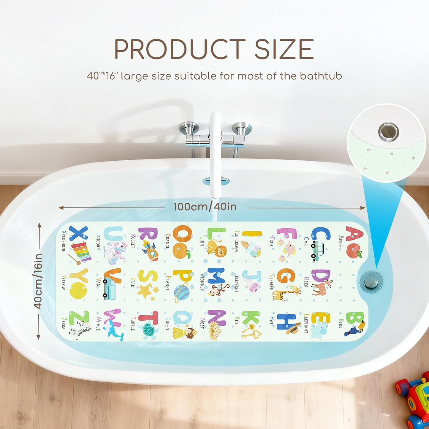 Baby Bath Mat Non Slip for Tub, 100 * 40cm Long Bathroom Bathtub Mat, Anti Slip Shower Mat with Suction Cups and Drain Holes, Alphabet