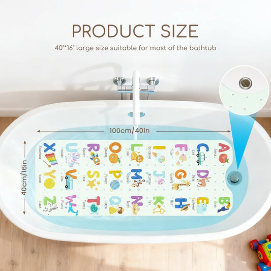 Baby Bath Mat Non Slip for Tub, 100 * 40cm Long Bathroom Bathtub Mat, Anti Slip Shower Mat with Suction Cups and Drain Holes, Alphabet