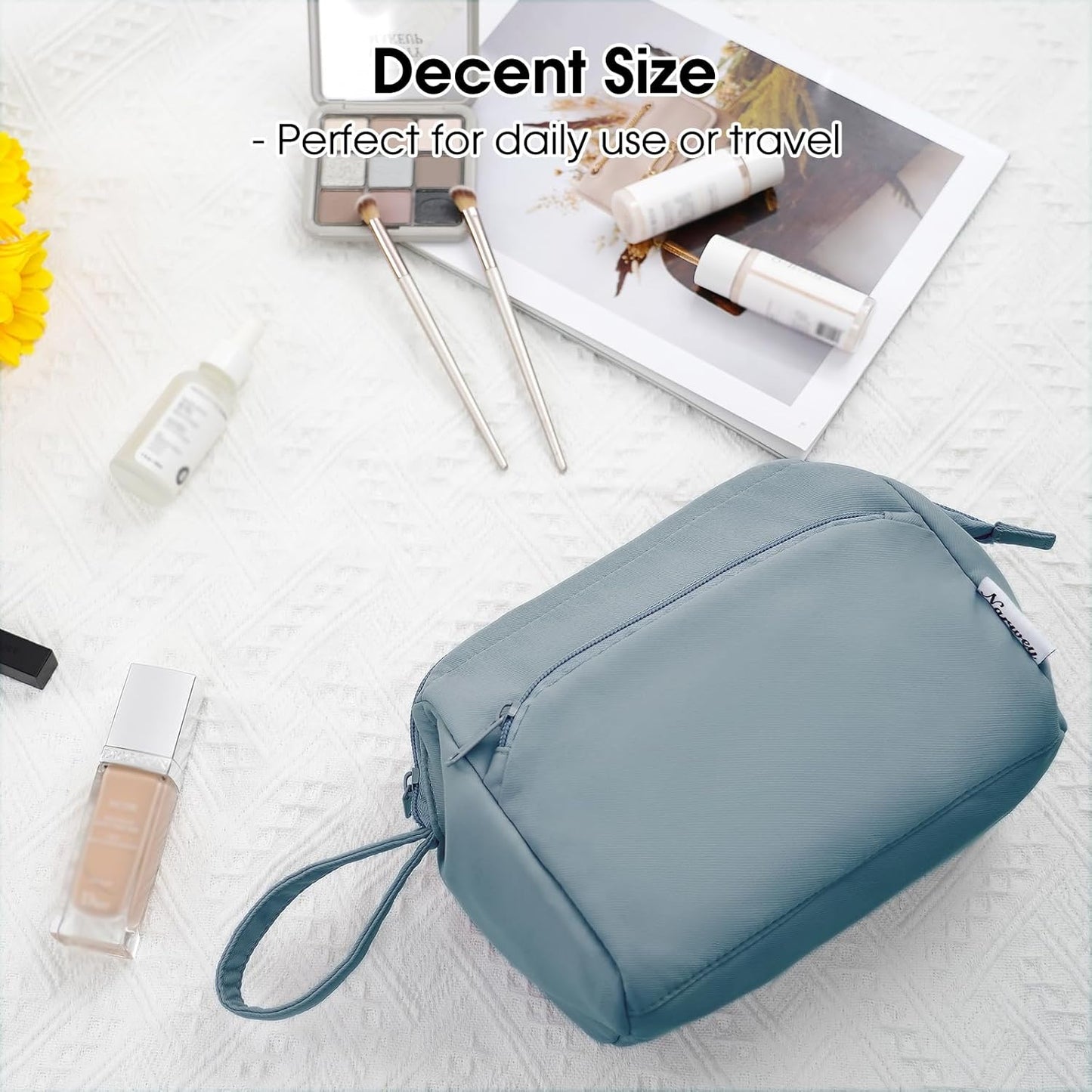 Narwey Large Makeup Bag Wide-open Zipper Pouch Travel Wash Bag Toiletry Bag Cosmetic Organizer for Women (Greyish Blue)