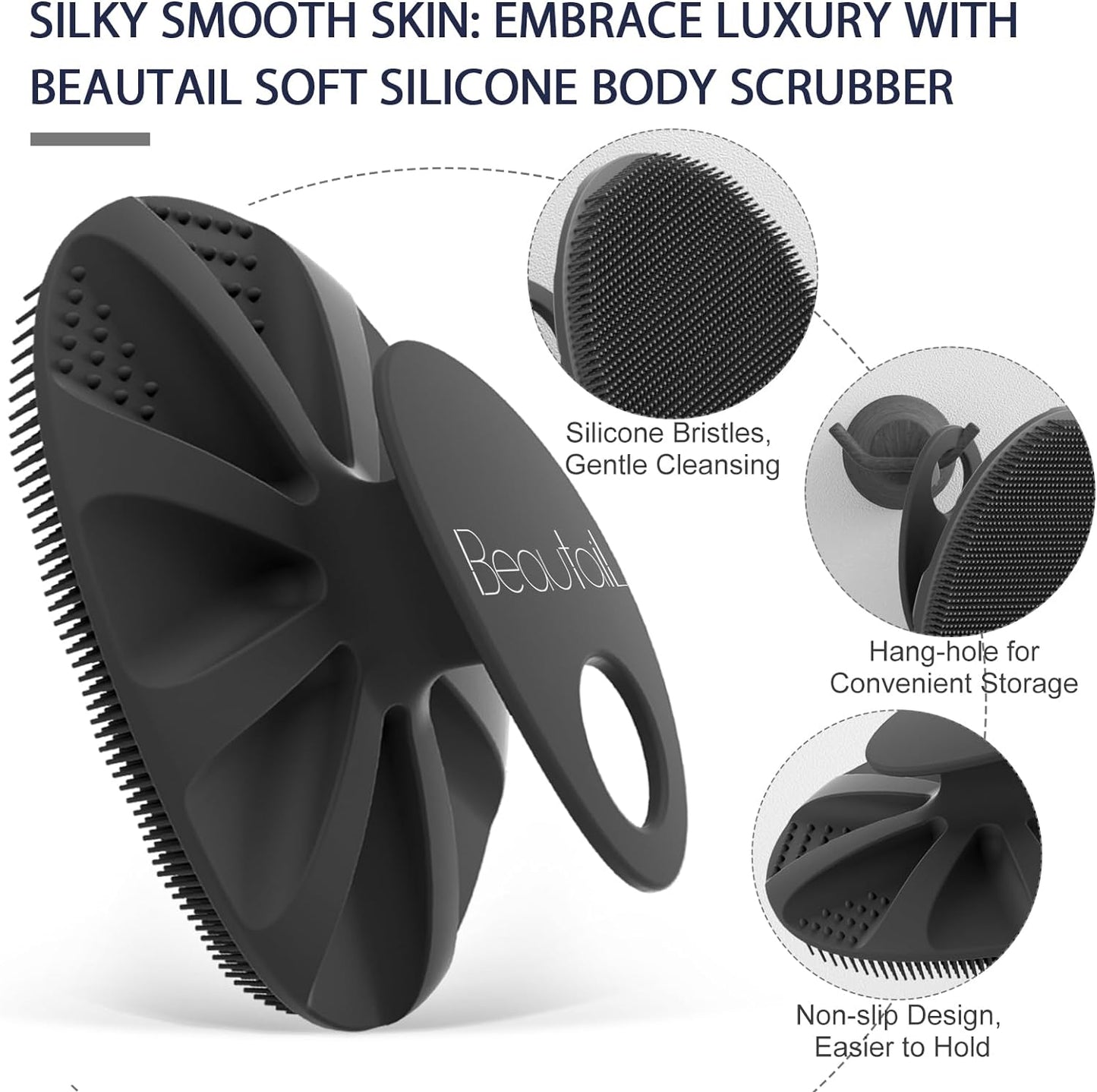 BEAUTAIL Silicone Body Scrubber, Gentle Exfoliating Brush on Sensitive Skin | Soft Silicone Shower Scrubber for Body, Bathroom Essentials for Women, Men &amp; Kids, More Hygienic than Loofah. 1-Pack, Black