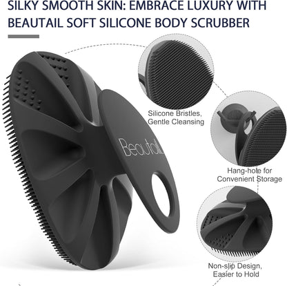 BEAUTAIL Silicone Body Scrubber, Gentle Exfoliating Brush on Sensitive Skin | Soft Silicone Shower Scrubber for Body, Bathroom Essentials for Women, Men &amp; Kids, More Hygienic than Loofah. 1-Pack, Black