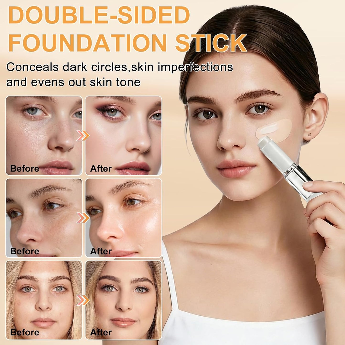 Faccelove Foundation Stick with Brush, Colour Changing Foundation Stick with SPF 15, Automatic Colour Adjustment, 2-in-1 Makeup Stick for Natural Rays, Long Lasting for All Skin Types