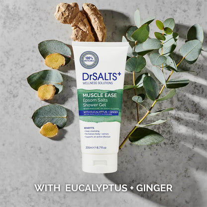 DrSALTS+ Muscle Ease Shower Gel - Soothing Epsom Salts to Relieve Strains, Pain &amp; Stiffness with Eucalyptus &amp; Ginger Essential Oils - Vegan &amp; Cruelty-Free, 200ml