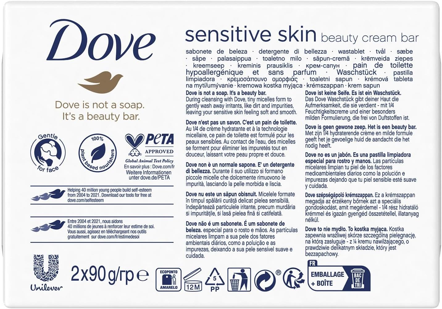 Dove Hypoallergenic Beauty Cream Bar 3 in-1 Cleanses, Moisturises and Nourishes Sulphate-Free Bath Soap for Soft and Smooth Skin, Specially Made for Sensitive Skin 2x90g, 3 Pack