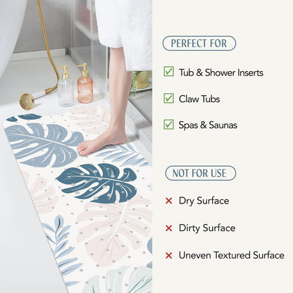 SHUCHING Boho Leaves Bath Mat Non Slip Anti Mould, 100 X 40 cm Extra Long Bathtub Mat Anti Slip, Green Shower Mat Non Slip Anti Mould for Bathroom Machine Washable