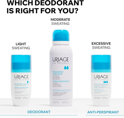 Uriage Power3 Antiperspirant Deodorant Roll-On - 24H Sweat &amp; Odor Efficacy - Dry Touch - No White Marks - No Yellow Stains - Fresh Unisexe Scent - Long-Lasting formula - Alcohol-Free - Hypoallergenic